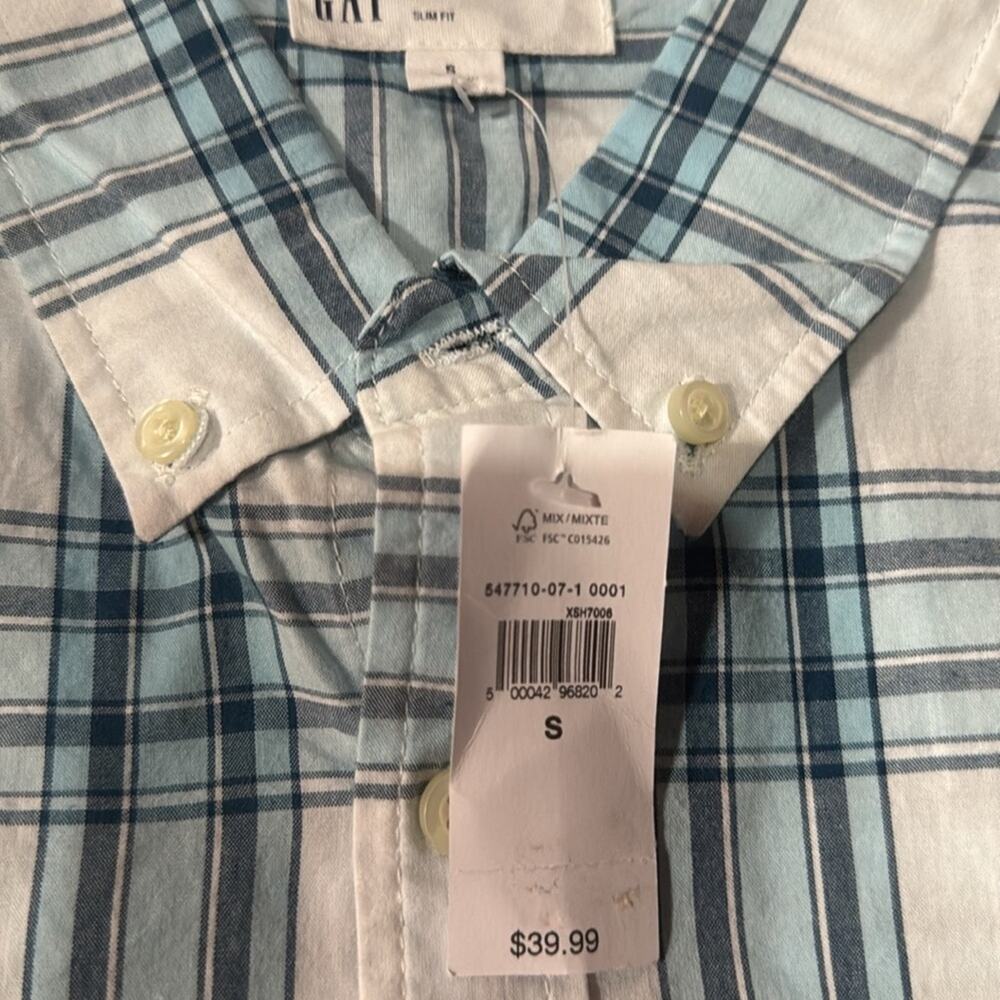 NWT GAP Mens Button Blue White Plaid Button Down Short Sleeve Shirt Size S - Picture 5 of 5